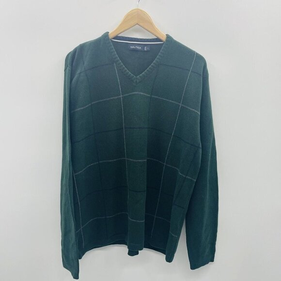 Nautica Mens Size Large Cotton V Neck Plaid Grid Print Pullover Sweater Green - Picture 1 of 6